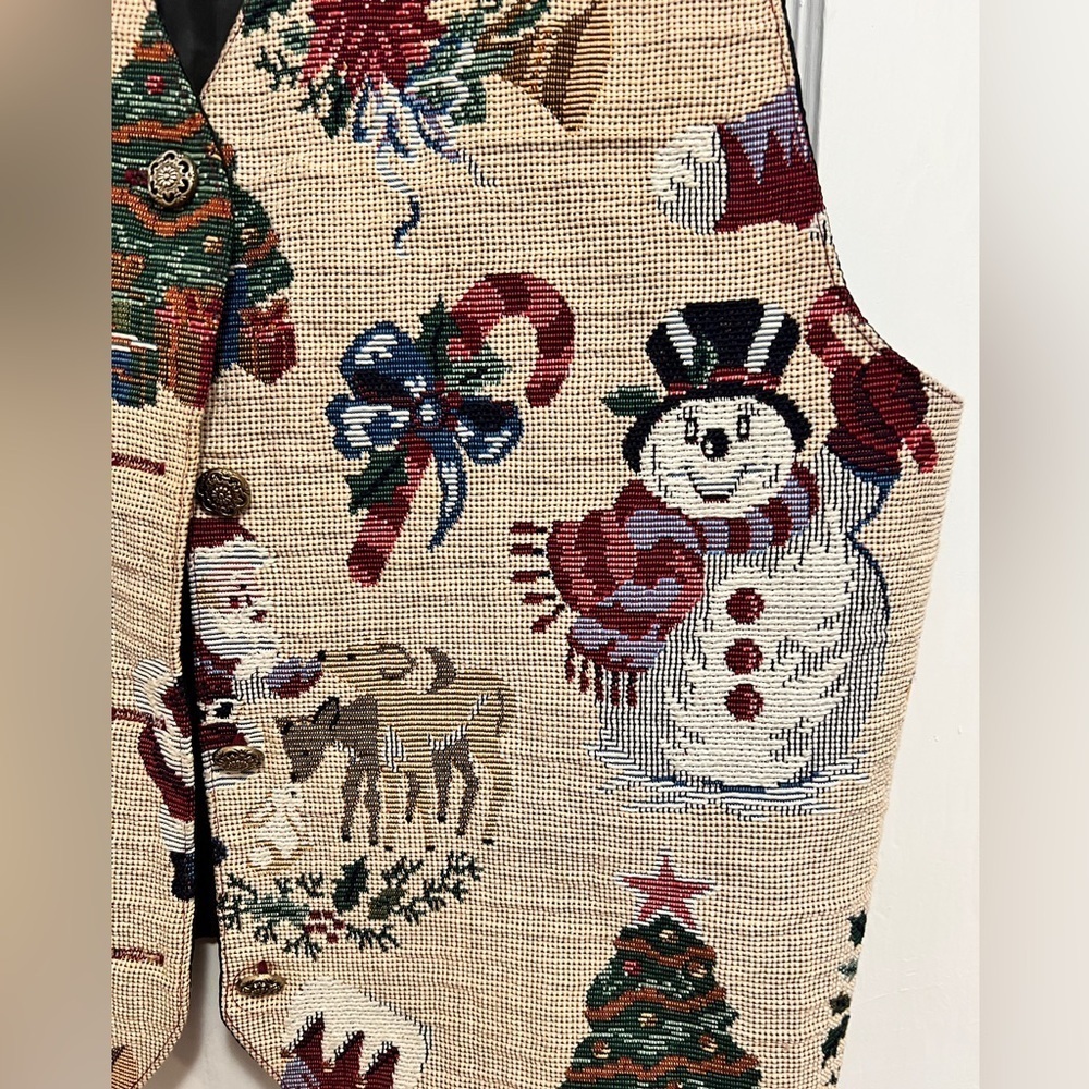 ON THE VERGE Tapestry Christmas Vest Vintage Made in USA Santa Snowman Ugly - Picture 2 of 6